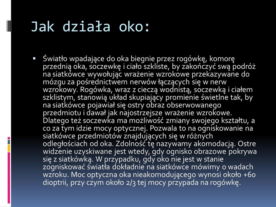 Rogówka, wraz z cieczą wodnistą, soczewką i ciałem szklistym, stanowią układ skupiający promienie świetlne tak, by na siatkówce pojawiał się ostry obraz obserwowanego przedmiotu i dawał jak