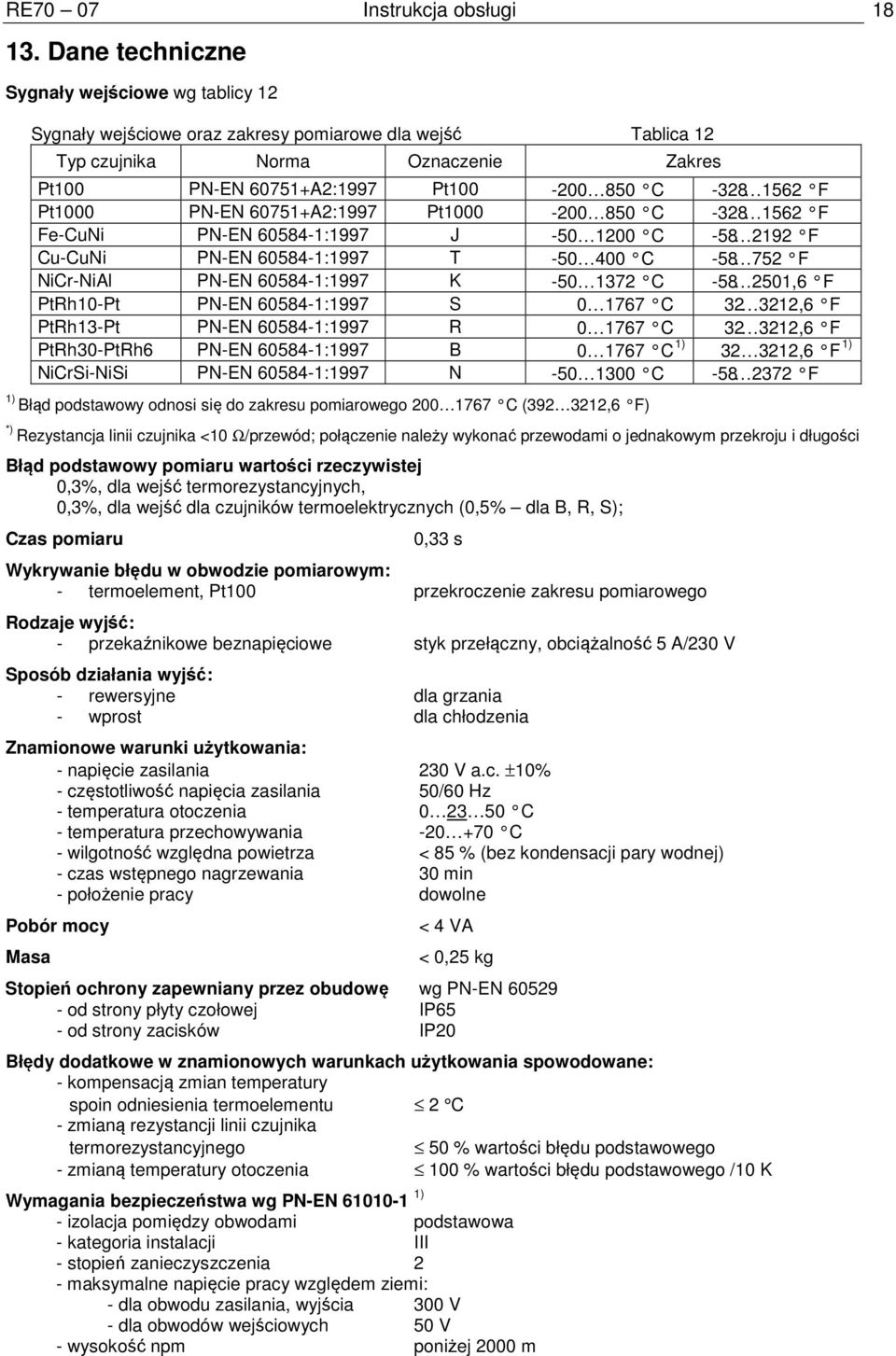 F Pt1000 PN-EN 60751+A2:1997 Pt1000-200 850 C -328 1562 F Fe-CuNi PN-EN 60584-1:1997 J -50 1200 C -58 2192 F Cu-CuNi PN-EN 60584-1:1997 T -50 400 C -58 752 F NiCr-NiAl PN-EN 60584-1:1997 K -50 1372 C