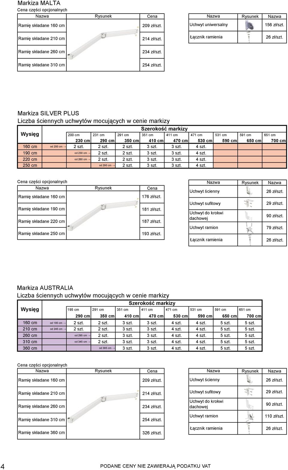 Markiza SILVER PLUS Liczba ściennych uchwytów mocujących w cenie markizy Szerokość markizy Wysięg 200 cm 231 cm 291 cm 351 cm 411 cm 471 cm 531 cm 591 cm 651 cm 230 cm 290 cm 350 cm 410 cm 470 cm 530