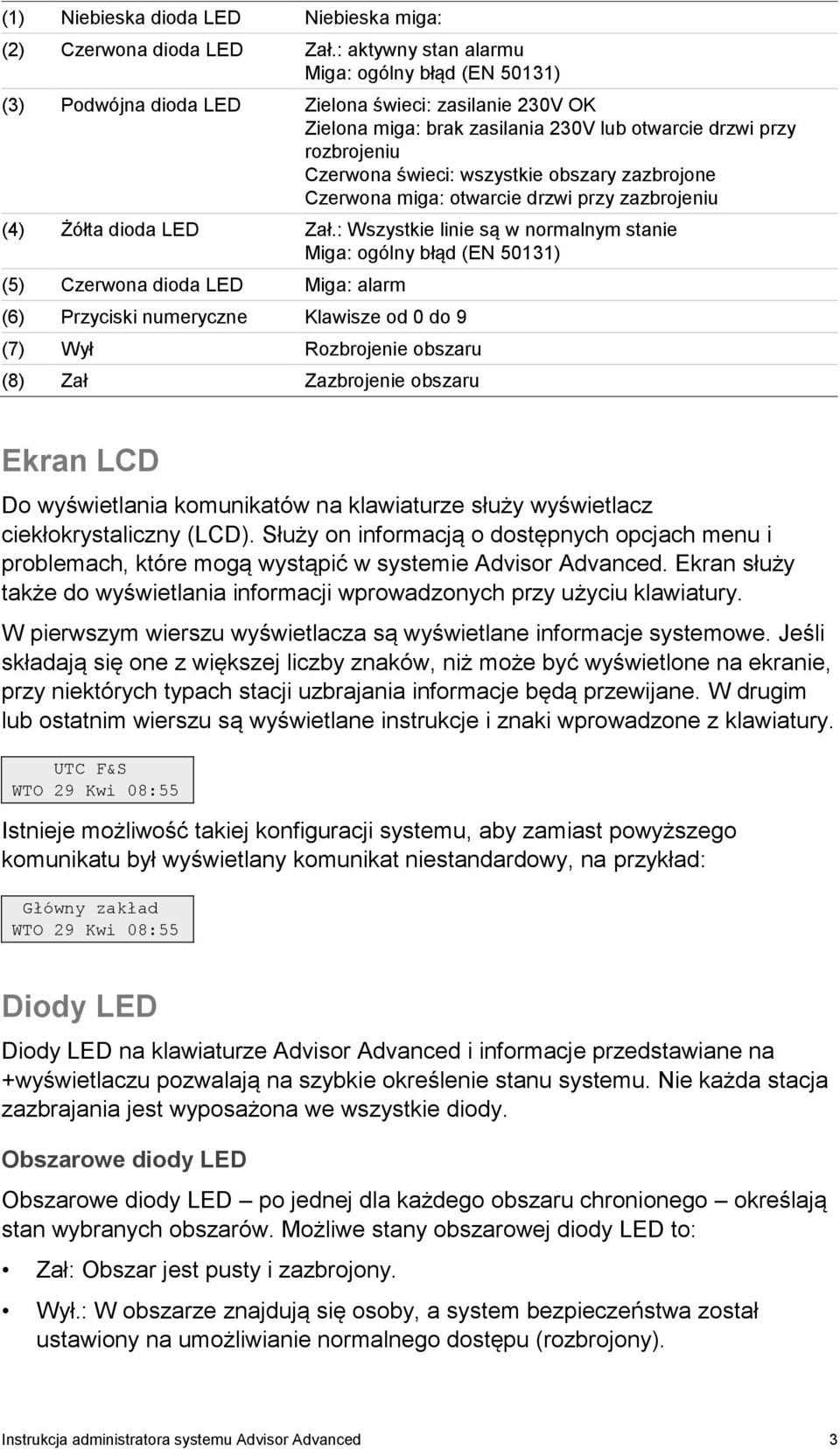 wszystkie obszary zazbrojone Czerwona miga: otwarcie drzwi przy zazbrojeniu (4) Żółta dioda LED Zał.