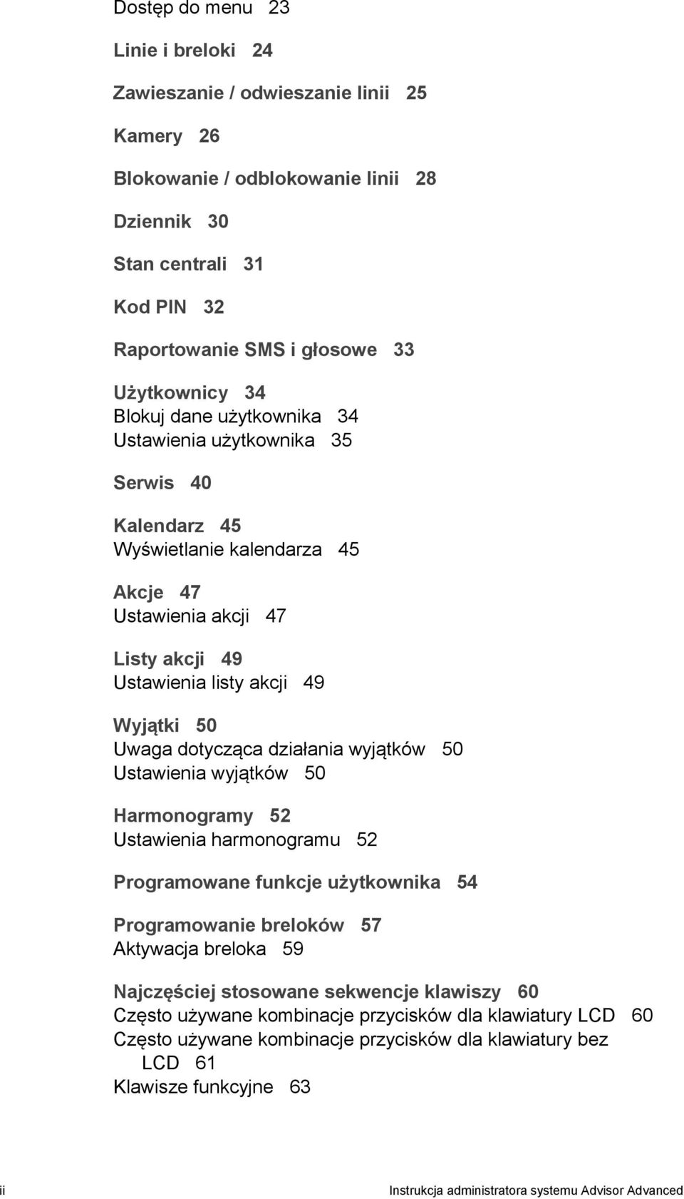 dotycząca działania wyjątków 50 Ustawienia wyjątków 50 Harmonogramy 52 Ustawienia harmonogramu 52 Programowane funkcje użytkownika 54 Programowanie breloków 57 Aktywacja breloka 59 Najczęściej
