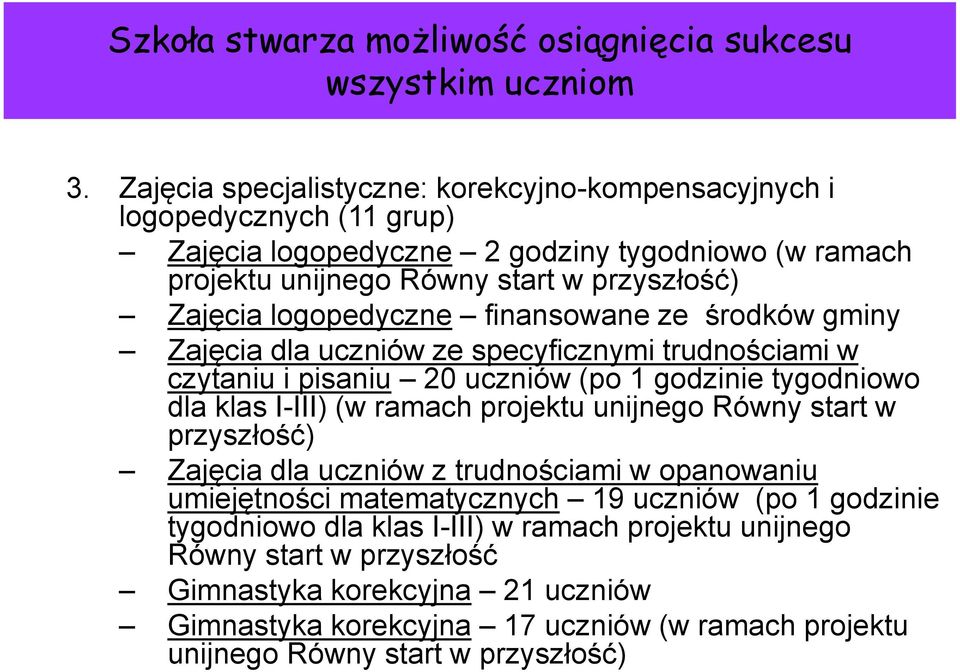 logopedyczne finansowane ze środków gminy Zajęcia dla uczniów ze specyficznymi trudnościami w czytaniu i pisaniu 20 uczniów (po 1 godzinie tygodniowo dla klas I-III) (w ramach projektu