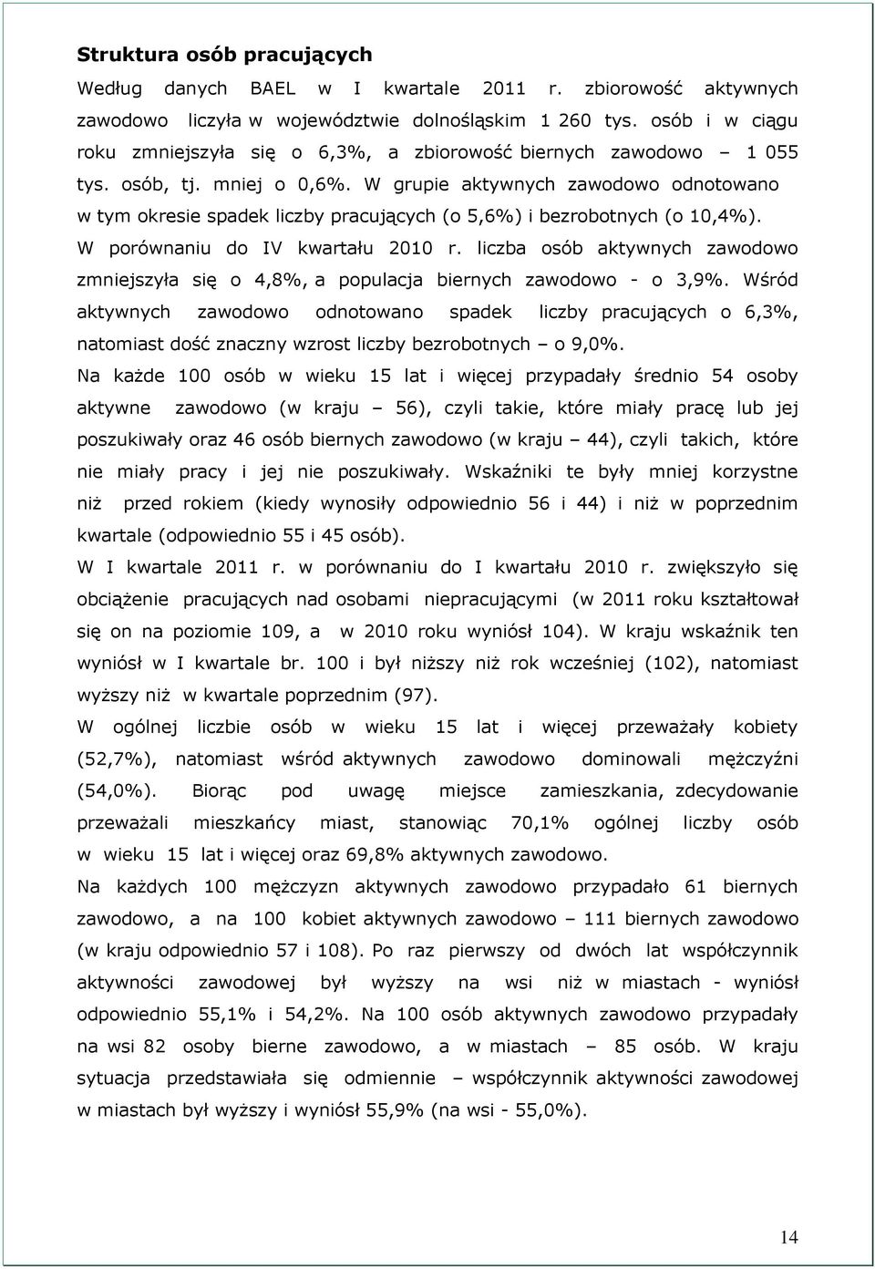 W grupie aktywnych zawodowo odnotowano w tym okresie spadek liczby pracujących (o 5,6%) i bezrobotnych (o 10,4%). W porównaniu do IV kwartału 2010 r.