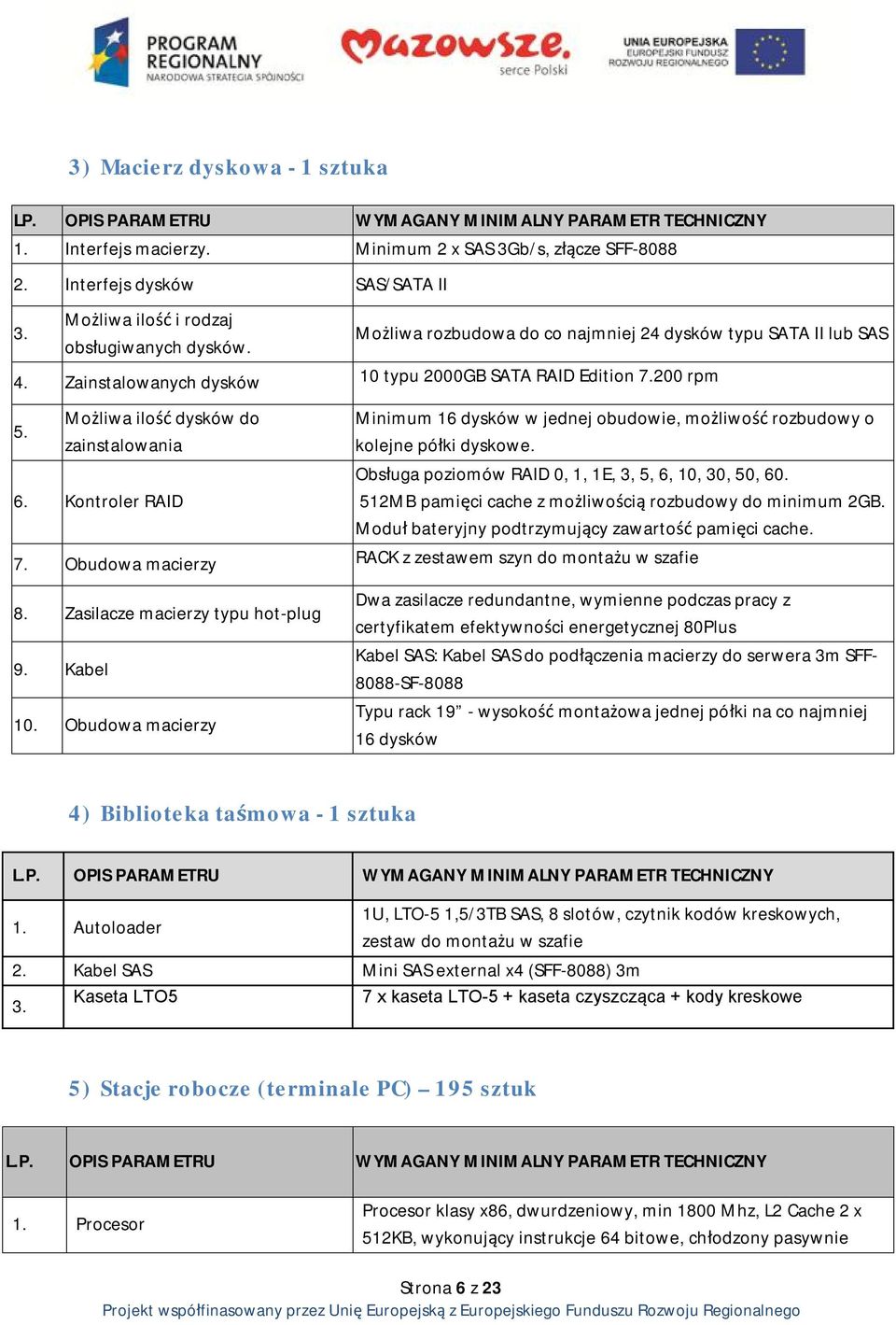 Możliwa ilość dysków do zainstalowania 6. Kontroler RAID Minimum 16 dysków w jednej obudowie, możliwość rozbudowy o kolejne półki dyskowe. Obsługa poziomów RAID 0, 1, 1E, 3, 5, 6, 10, 30, 50, 60.