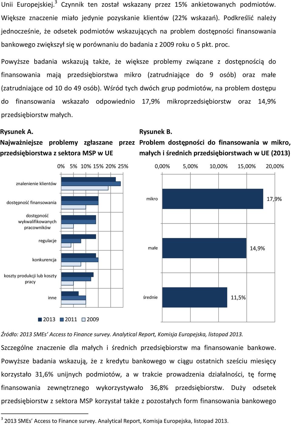 Powyższe badania wskazują także, że większe problemy związane z dostępnością do finansowania mają przedsiębiorstwa mikro (zatrudniające do 9 osób) oraz małe (zatrudniające od 10 do 49 osób).