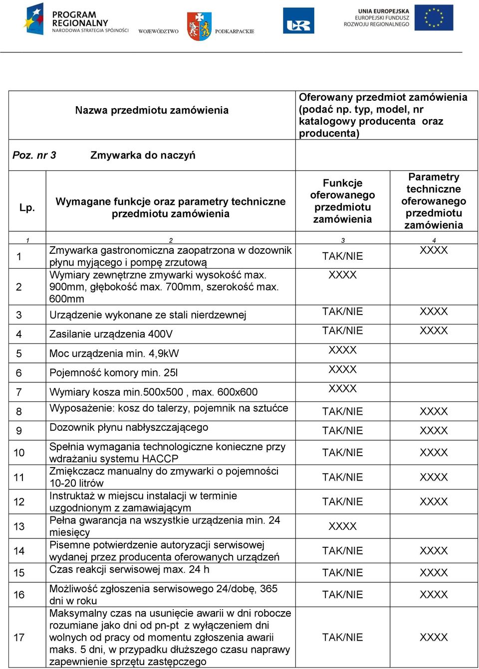 2 900mm, głębokość max. 700mm, szerokość max. 600mm 3 Urządzenie wykonane ze stali nierdzewnej 4 Zasilanie urządzenia 400V 5 Moc urządzenia min. 4,9kW 6 Pojemność komory min. 25l 7 Wymiary kosza min.