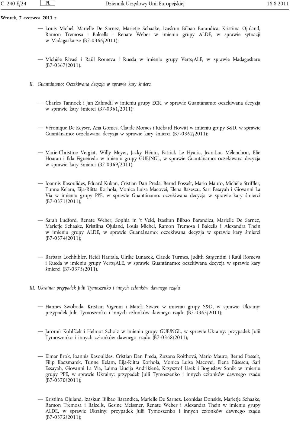 (B7-0366/2011); Michèle Rivasi i Raül Romeva i Rueda w imieniu grupy Verts/ALE, w sprawie Madagaskaru (B7-0367/2011). II.