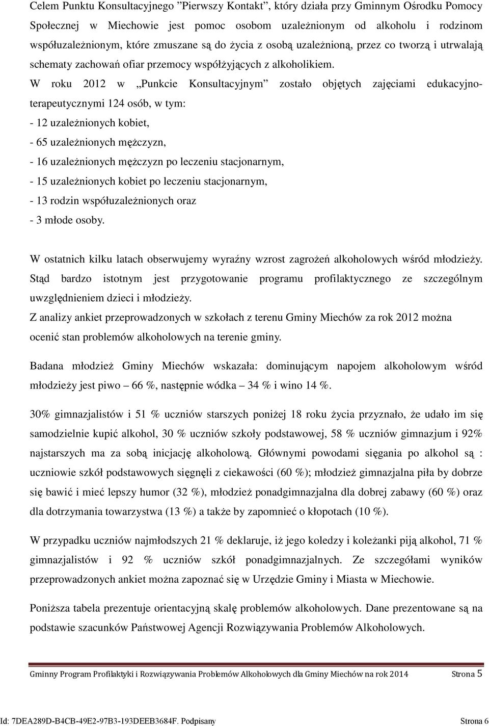 W roku 2012 w Punkcie Konsultacyjnym zostało objętych zajęciami edukacyjnoterapeutycznymi 124 osób, w tym: - 12 uzależnionych kobiet, - 65 uzależnionych mężczyzn, - 16 uzależnionych mężczyzn po