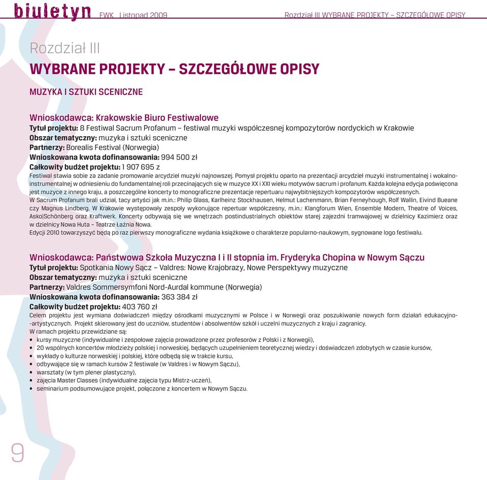 zł Całkowity budżet projektu: 1 907 695 z Festiwal stawia sobie za zadanie promowanie arcydzieł muzyki najnowszej.