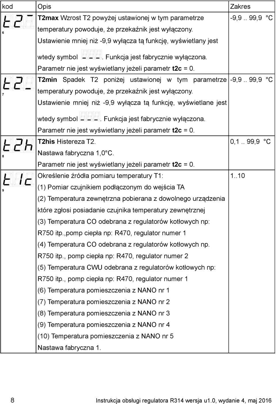 T2min Spadek T2 poniżej ustawionej w tym parametrze temperatury powoduje, że przekaźnik jest wyłączony. Ustawienie mniej niż -9,9 wyłącza tą funkcję, wyświetlane jest wtedy symbol.