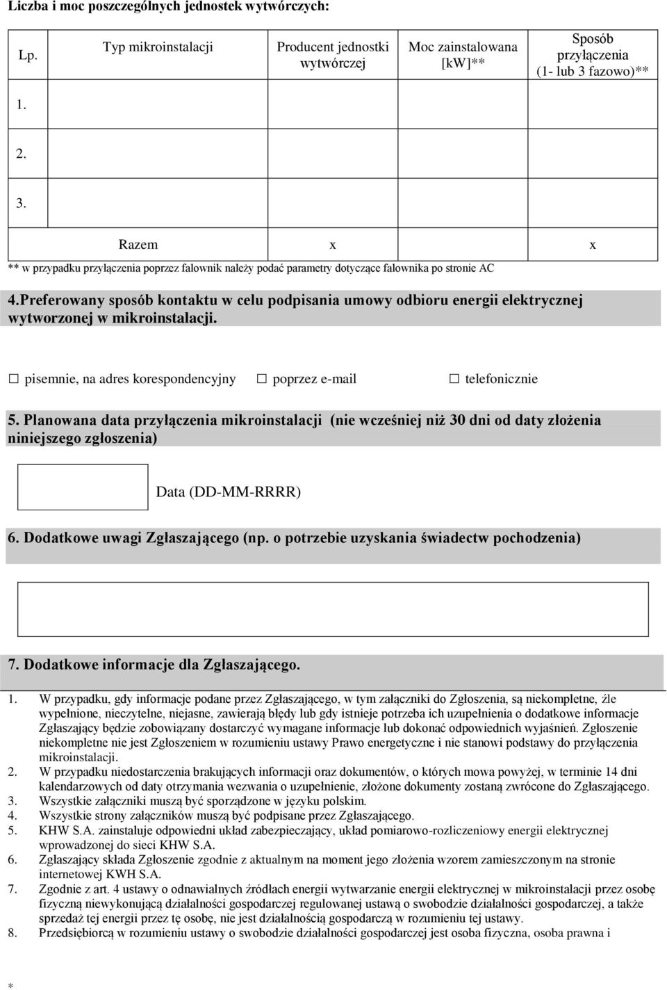 Preferowany sposób kontaktu w celu podpisania umowy odbioru energii elektrycznej wytworzonej w mikroinstalacji. pisemnie, na adres korespondencyjny poprzez e-mail telefonicznie 5.