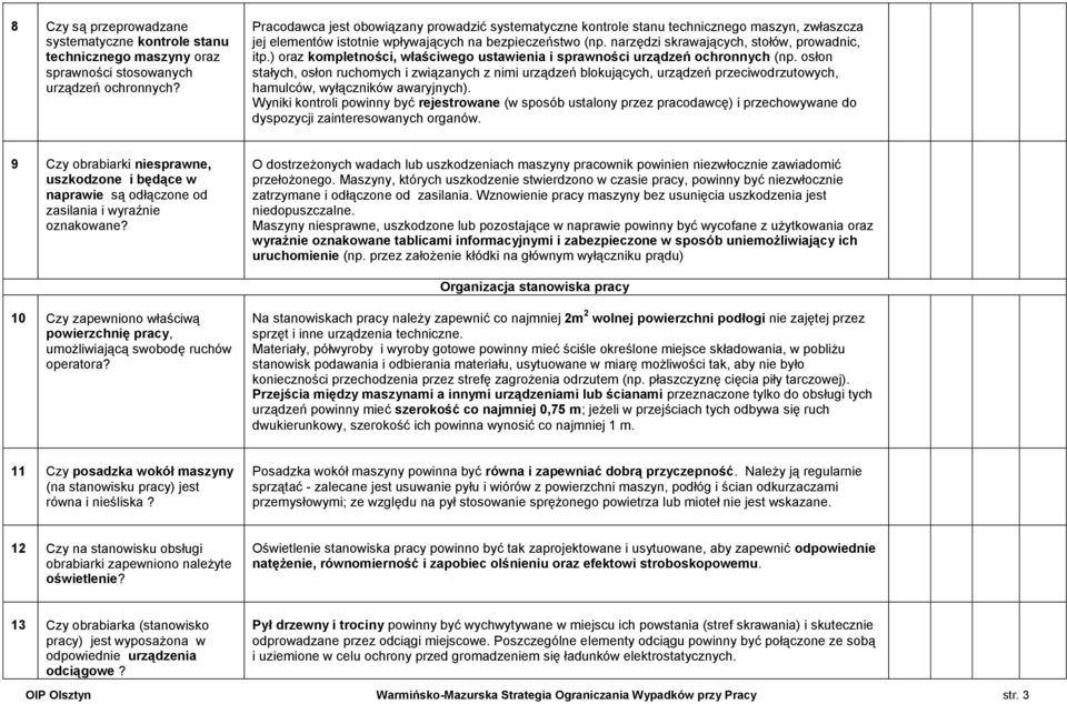 narzędzi skrawających, stołów, prowadnic, itp.) oraz kompletności, właściwego ustawienia i sprawności urządzeń ochronnych (np.