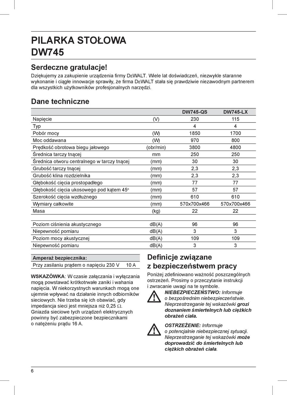 Dane techniczne DW745-QS DW745-LX Napięcie (V) 230 115 Typ 4 4 Pobór mocy (W) 1850 1700 Moc oddawana (W) 970 800 Prędkość obrotowa biegu jałowego (obr/min) 3800 4800 Średnica tarczy tnącej mm 250 250
