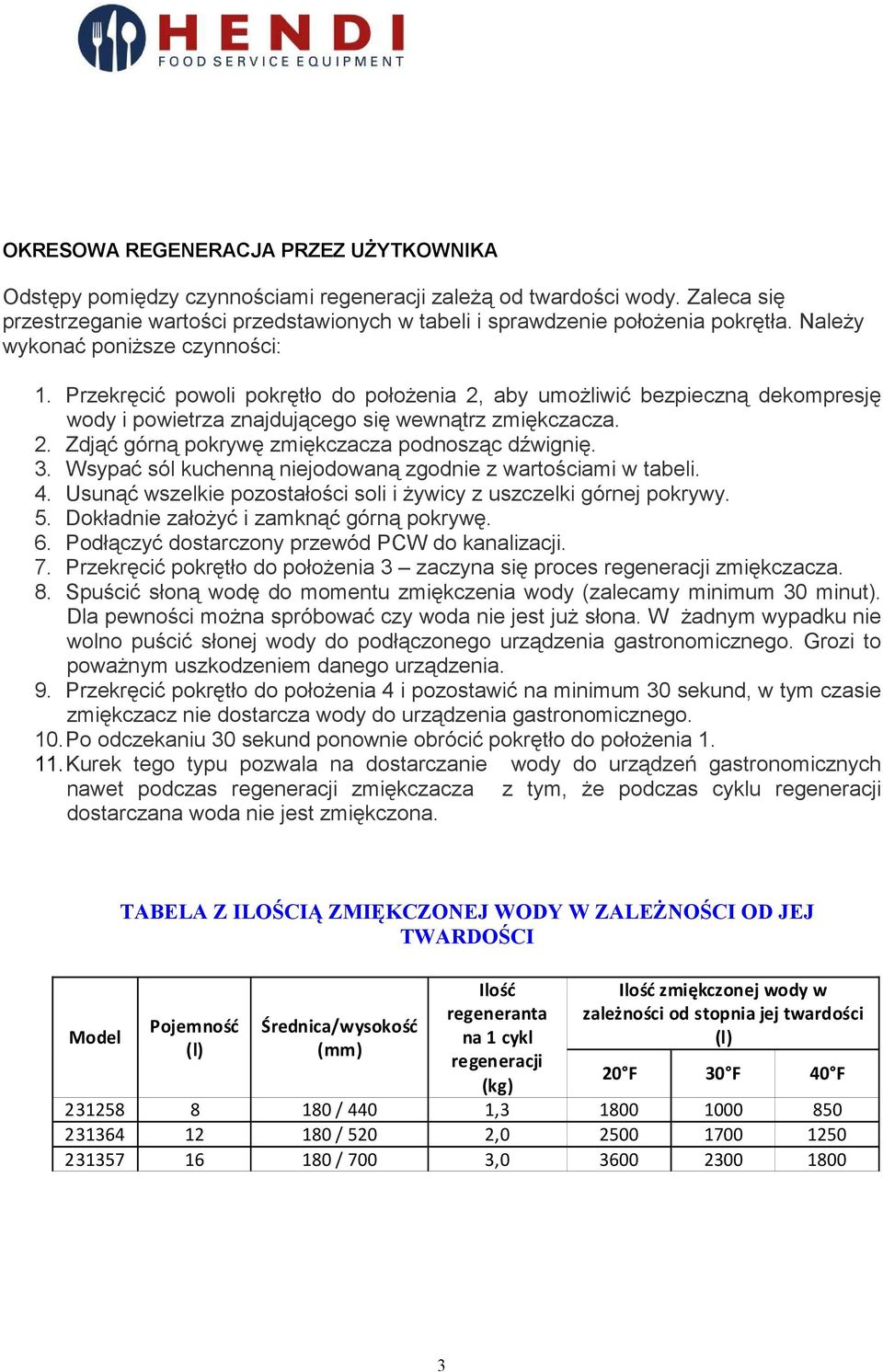3. Wsypać sól kuchenną niejodowaną zgodnie z wartościami w tabeli. 4. Usunąć wszelkie pozostałości soli i Ŝywicy z uszczelki górnej pokrywy. 5. Dokładnie załoŝyć i zamknąć górną pokrywę. 6.