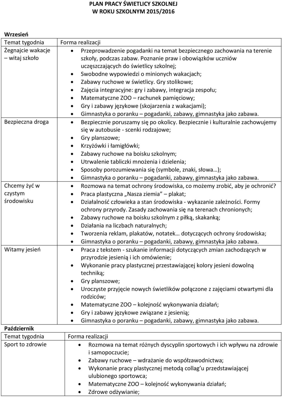 Gry stolikowe; Zajęcia integracyjne: gry i zabawy, integracja zespołu; Matematyczne ZOO rachunek pamięciowy; Gry i zabawy językowe (skojarzenia z wakacjami); Bezpieczna droga Bezpiecznie poruszamy