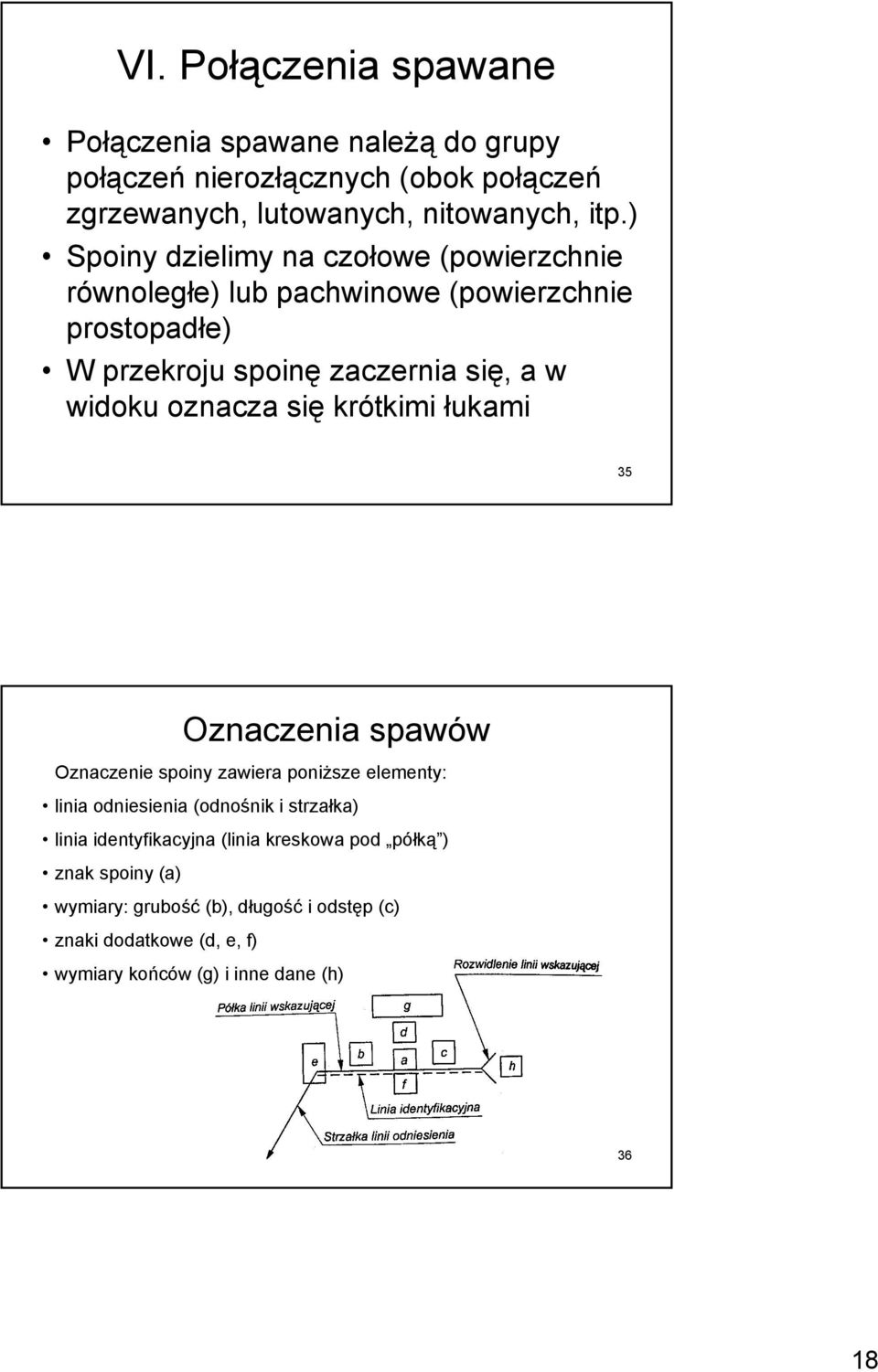 oznacza się krótkimi łukami 35 Oznaczenia spawów Oznaczenie spoiny zawiera poniższe elementy: linia odniesienia (odnośnik i strzałka) linia