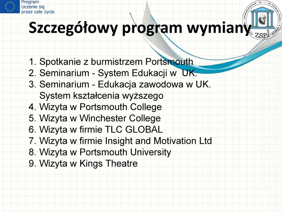 System kształcenia wyższego 4. Wizyta w Portsmouth College 5. Wizyta w Winchester College 6.