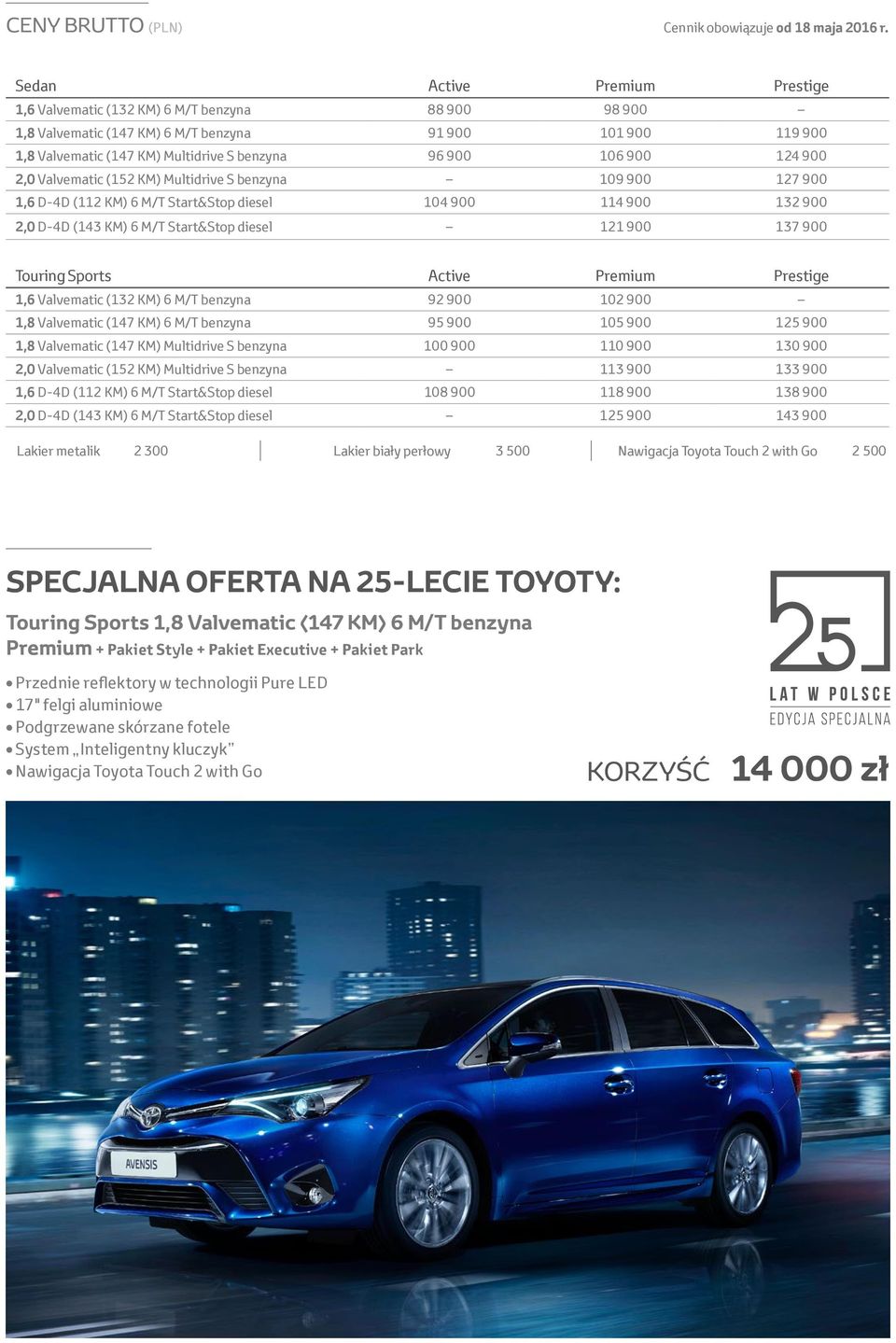 Valvematic (52 KM) Multidrive S benzyna 09 900 27 900,6 D-4D (2 KM) 6 M/T Start&Stop diesel 04 900 4 900 32 900 2,0 D-4D (43 KM) 6 M/T Start&Stop diesel 2 900 37 900 Touring Sports Active Premium