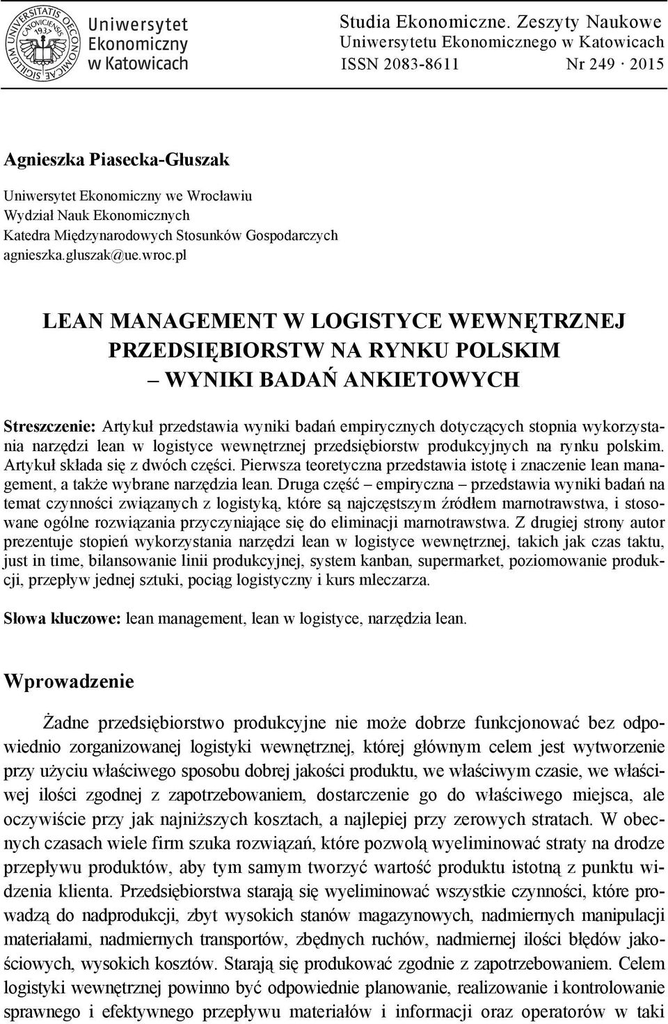 Stosunków Gospodarczych agnieszka.gluszak@ue.wroc.