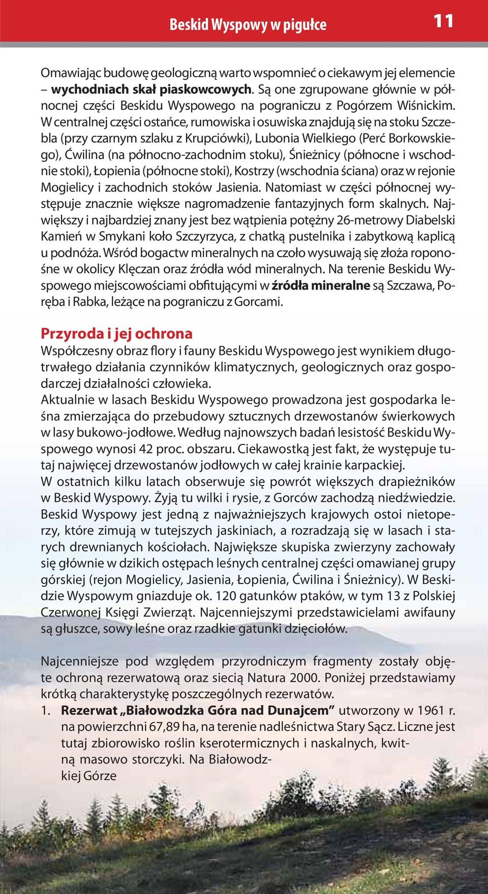 W centralnej części ostańce, rumowiska i osuwiska znajdują się na stoku Szczebla (przy czarnym szlaku z Krupciówki), Lubonia Wielkiego (Perć Borkowskiego), Ćwilina (na północno-zachodnim stoku),