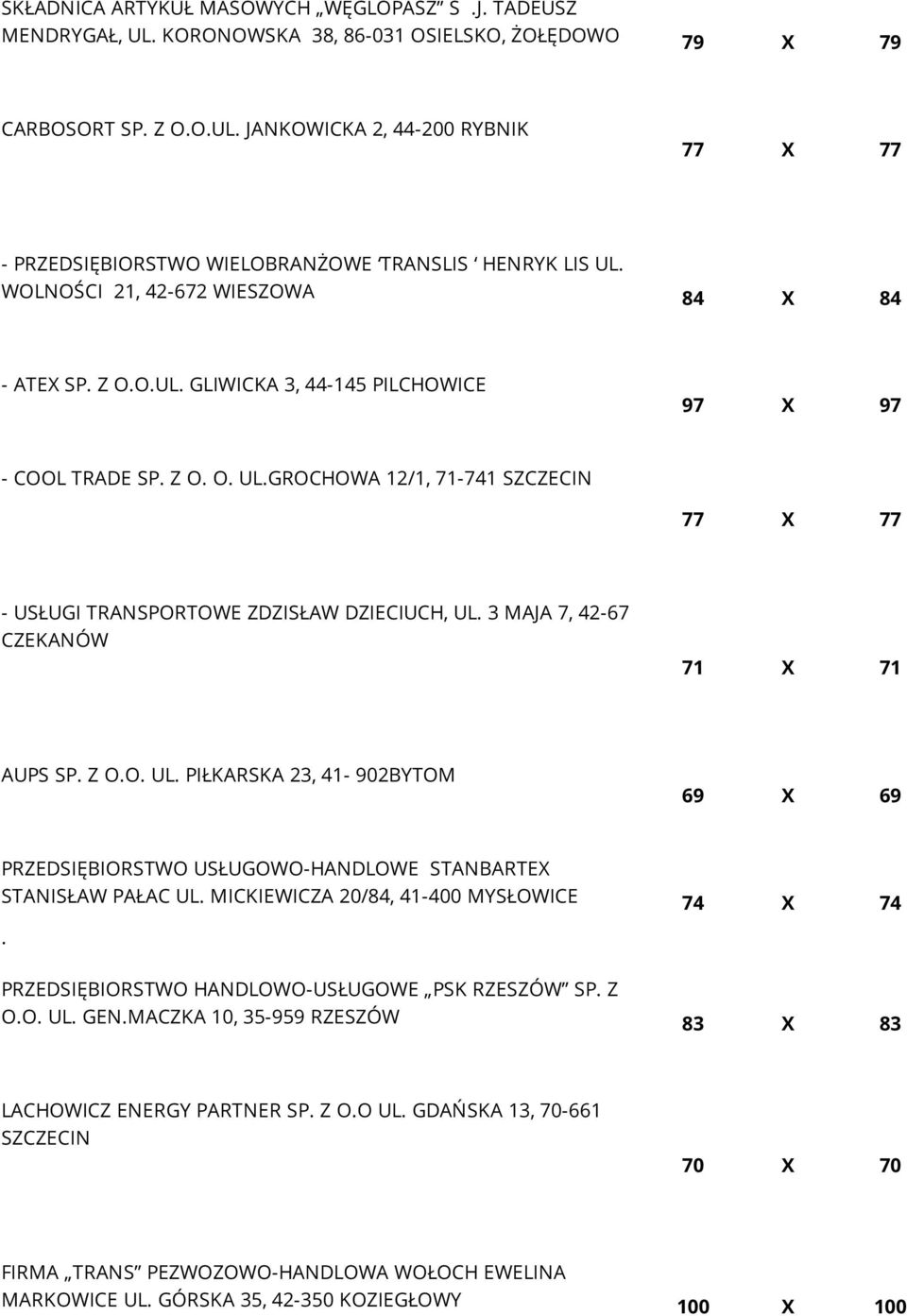 3 MAJA 7, 42-67 CZEKANÓW 71 X 71 AUPS SP. Z O.O. UL. PIŁKARSKA 23, 41-902BYTOM 69 X 69 PRZEDSIĘBIORSTWO USŁUGOWO-HANDLOWE STANBARTEX STANISŁAW PAŁAC UL. MICKIEWICZA 20/84, 41-400 MYSŁOWICE.