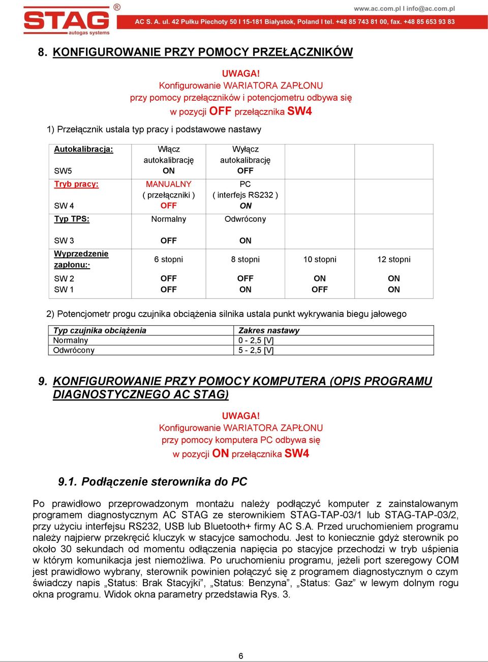 pracy: SW 4 Typ TPS: Włącz autokalibrację ON MANUALNY ( przełączniki ) OFF Normalny Wyłącz autokalibrację OFF PC ( interfejs RS232 ) ON Odwrócony SW 3 Wyprzedzenie zapłonu: SW 2 SW 1 OFF ON 6 stopni