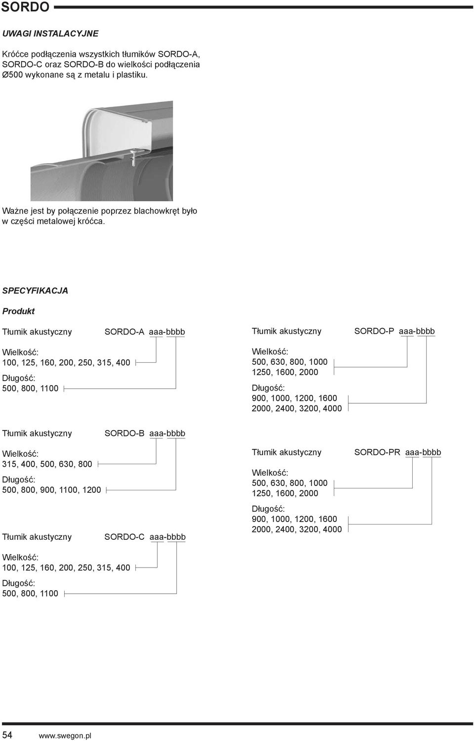 SPECYFIKACJA Produkt SORDO-A aaa-bbbb SORDO-P aaa-bbbb : 100, 125, 160, 200, 250, 315, 400 500, 800, 1100 : 500, 630, 800, 1000 1250, 1600, 2000 900, 1000, 1200, 1600