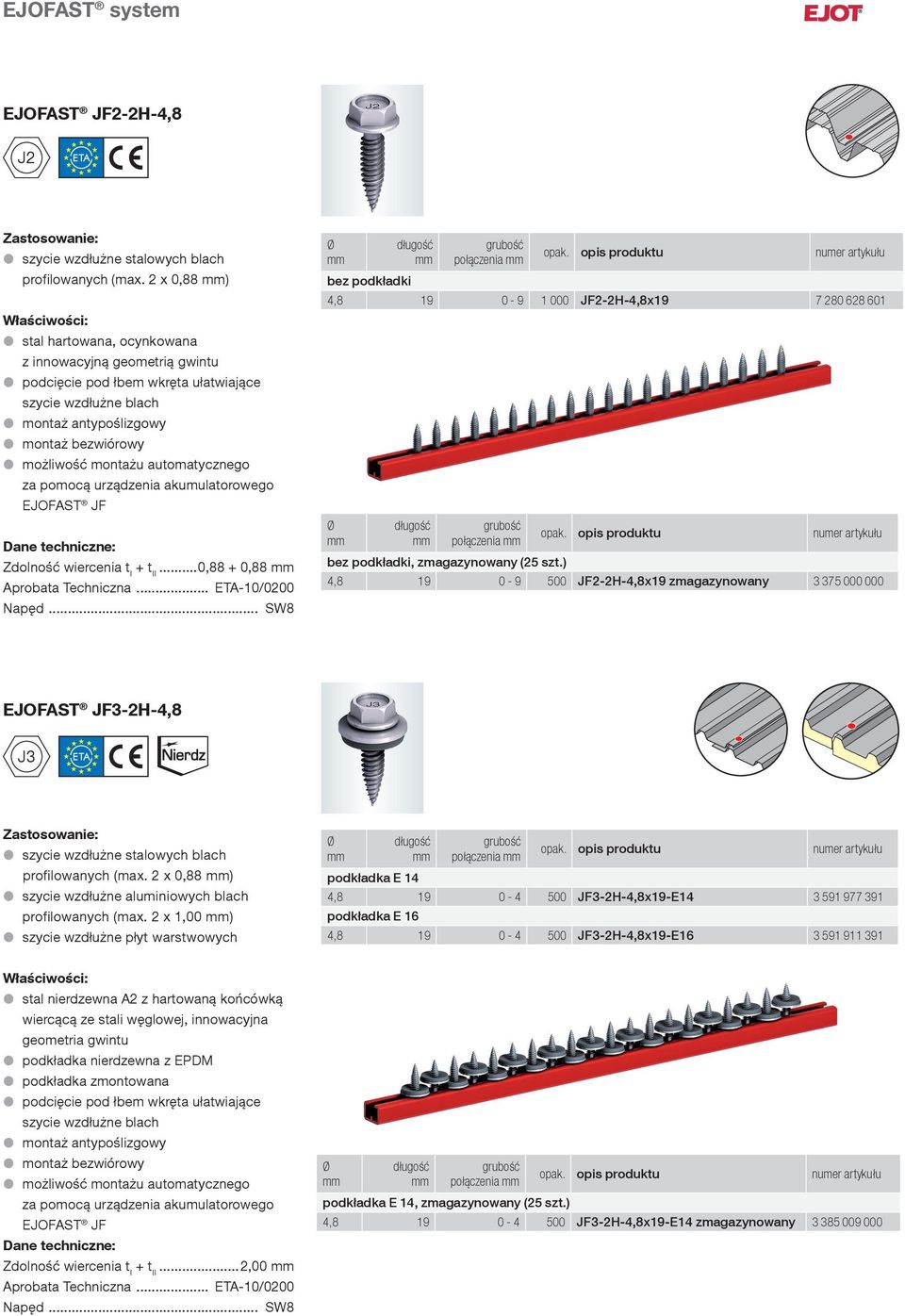 możliwość montażu automatycznego za pomocą urządzenia akumulatorowego EJOFAST JF Dane techniczne: Zdolność wiercenia t I + t II...0,88 + 0,88 Aprobata Techniczna... ETA-10/0200 Napęd.