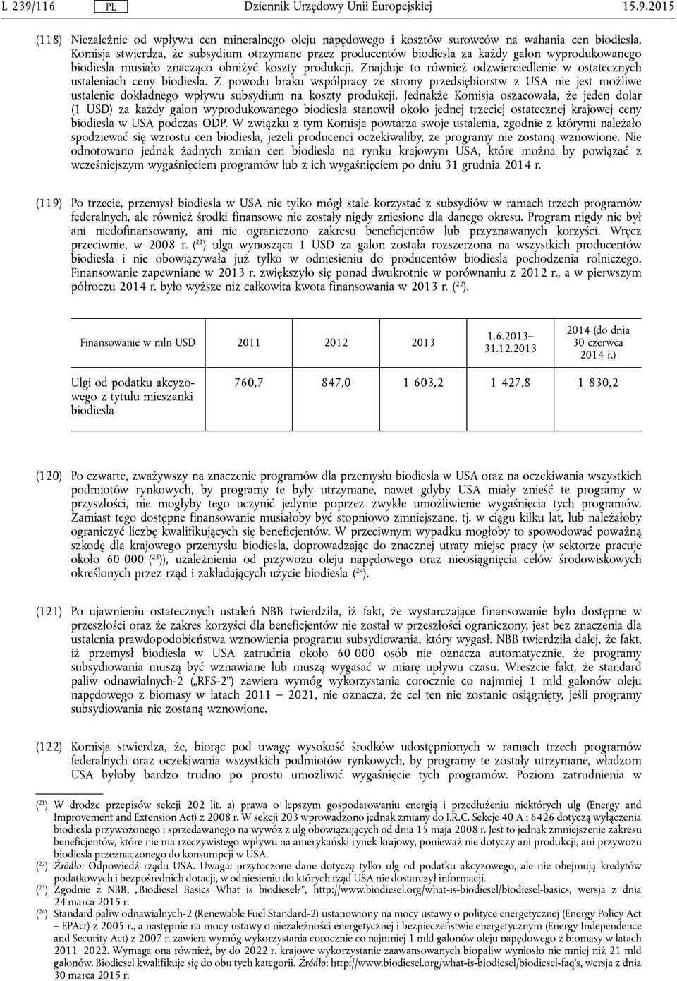 2015 (118) Niezależnie od wpływu cen mineralnego oleju napędowego i kosztów surowców na wahania cen biodiesla, Komisja stwierdza, że subsydium otrzymane przez producentów biodiesla za każdy galon