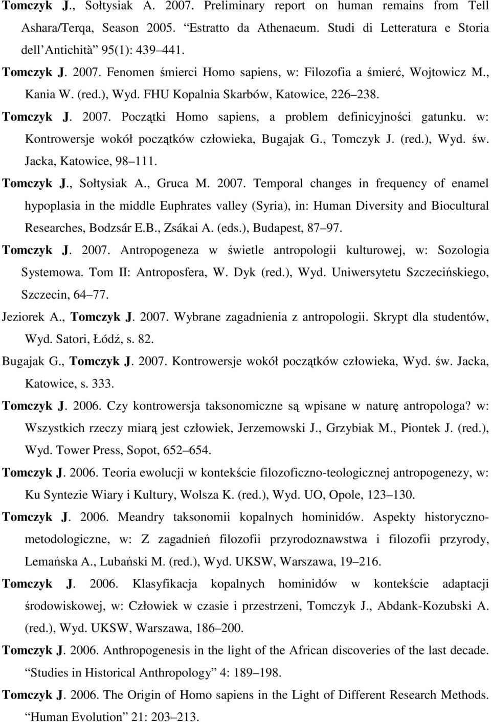 Początki Homo sapiens, a problem definicyjności gatunku. w: Kontrowersje wokół początków człowieka, Bugajak G., Tomczyk J. (red.), Wyd. św. Jacka, Katowice, 98 111. Tomczyk J., Sołtysiak A., Gruca M.