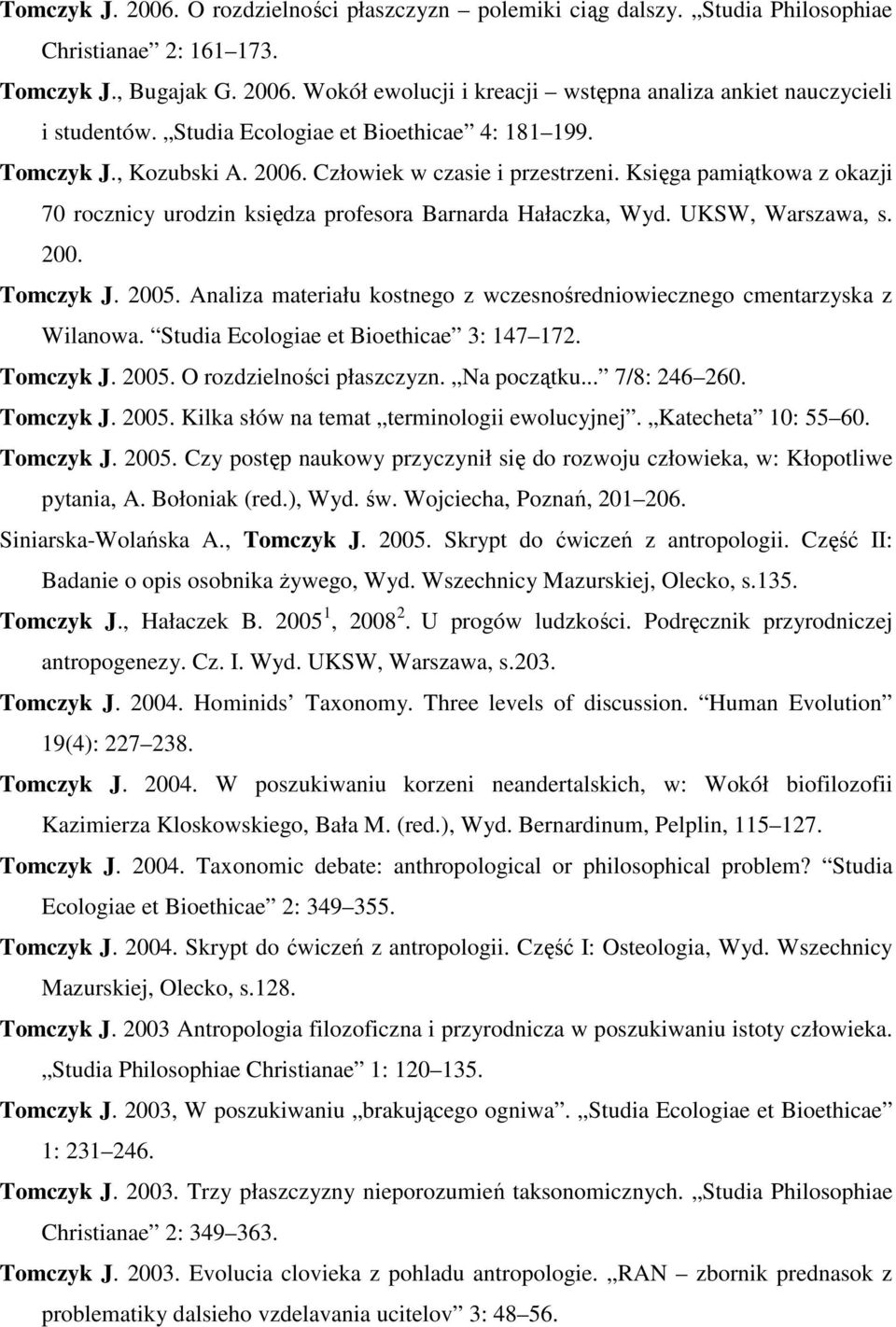 UKSW, Warszawa, s. 200. Tomczyk J. 2005. Analiza materiału kostnego z wczesnośredniowiecznego cmentarzyska z Wilanowa. Studia Ecologiae et Bioethicae 3: 147 172. Tomczyk J. 2005. O rozdzielności płaszczyzn.