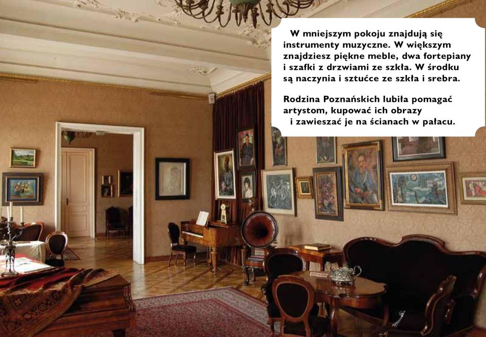 ze szkła. W środku są naczynia i sztućce ze szkła i srebra.