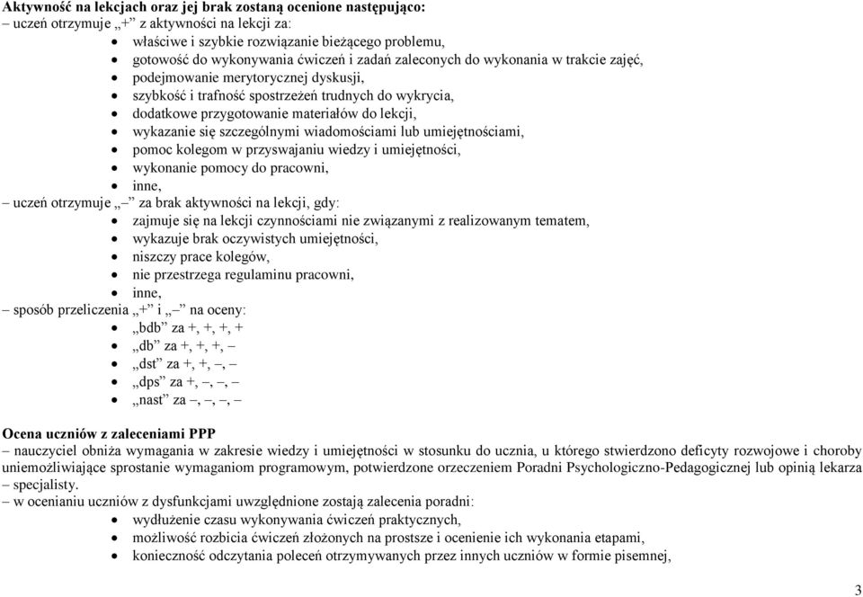 szczególnymi wiadomościami lub umiejętnościami, pomoc kolegom w przyswajaniu wiedzy i umiejętności, wykonanie pomocy do pracowni, inne, uczeń otrzymuje za brak aktywności na lekcji, gdy: zajmuje się