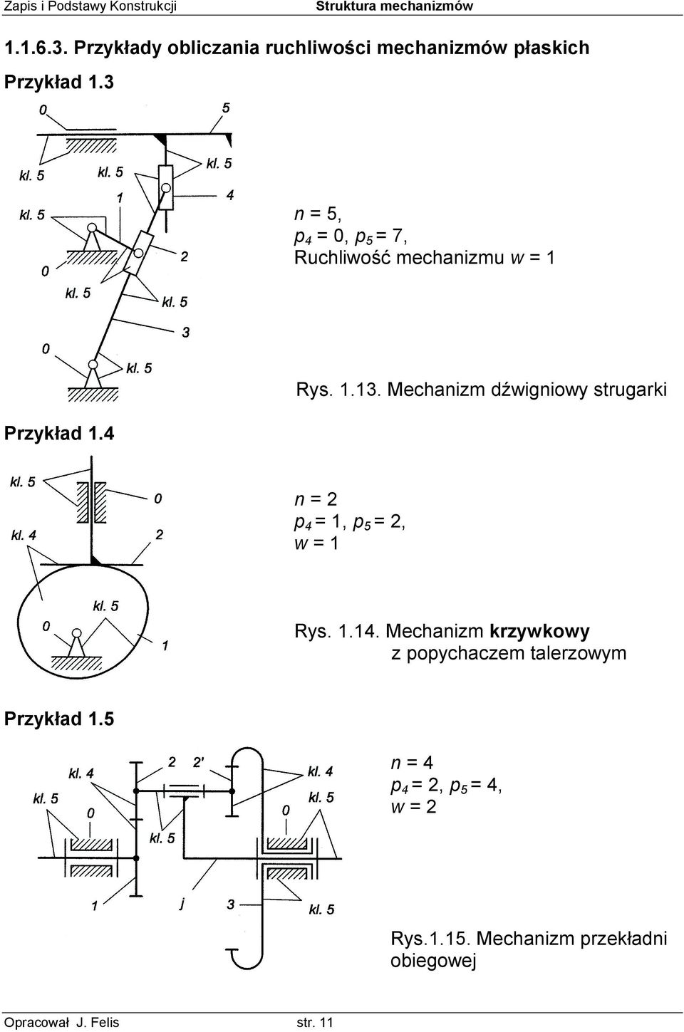 Mechanizm dźwigniowy strugarki n = 2 p 4 = 1, p 5 = 2, w = 1 Rys. 1.14.