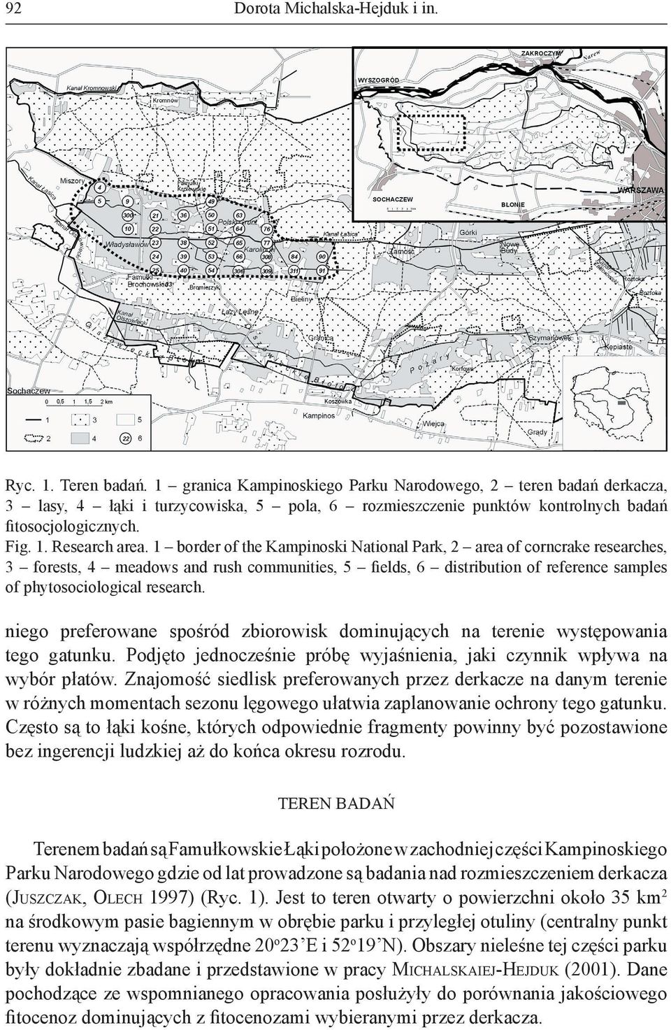 1 border of the Kampinoski National Park, 2 area of corncrake researches, 3 forests, 4 meadows and rush communities, 5 fields, 6 distribution of reference samples of phytosociological research.