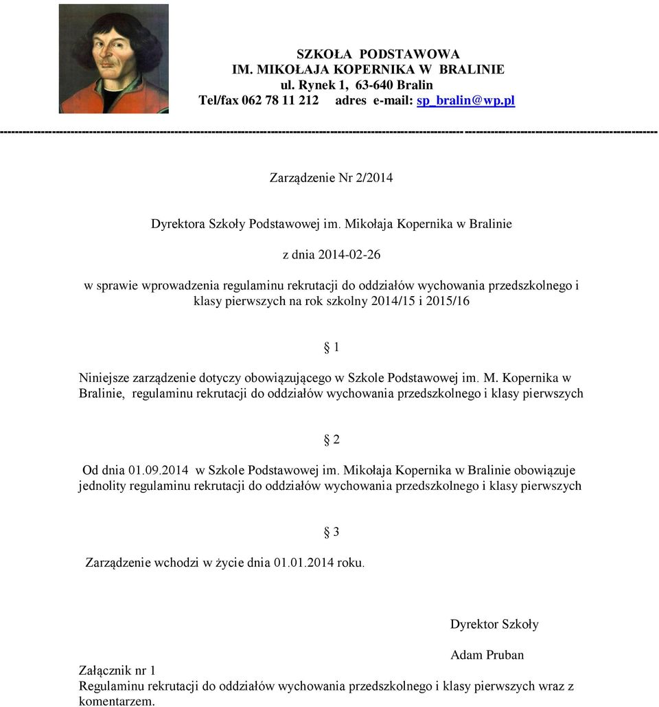 2/2014 Dyrektora Szkoły Podstawowej im.