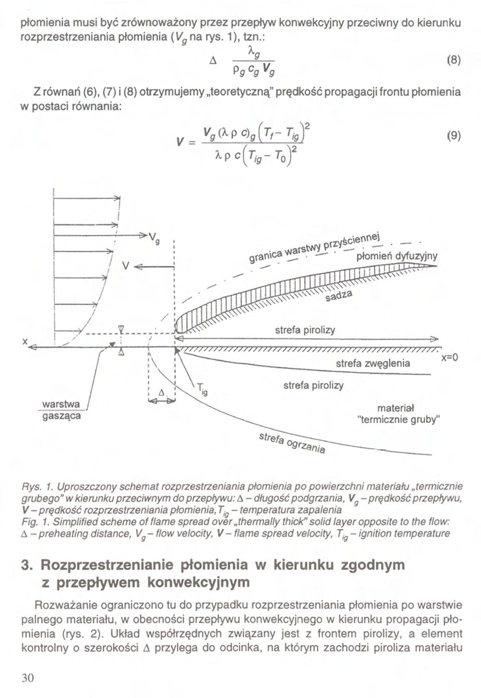 Rozprzestrzenianie płomienia w kierunku zgodnym z przepływem konwekcyjnym Rozważanie ograniczono tu do przypadku rozprzestrzeniania płomienia po warstwie palnego
