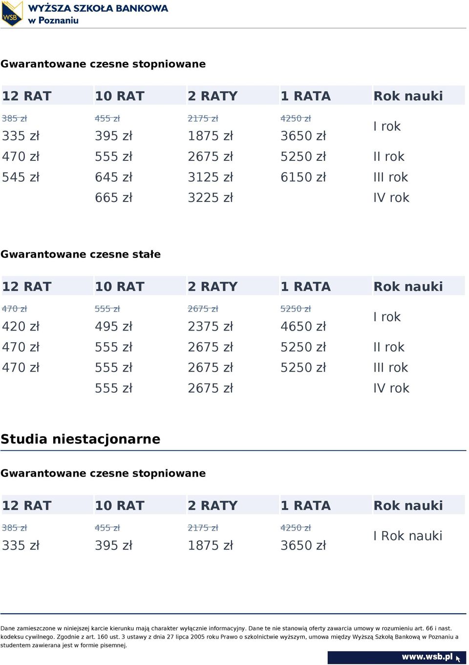 2 RATY 1 RATA Rok nauki 420 zł 495 zł 2375 zł 4650 zł II rok III rok I rok IV rok Studia niestacjonarne Gwarantowane