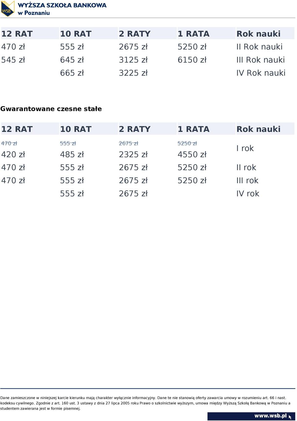 nauki Gwarantowane czesne stałe 12 RAT 10 RAT 2 RATY 1 RATA