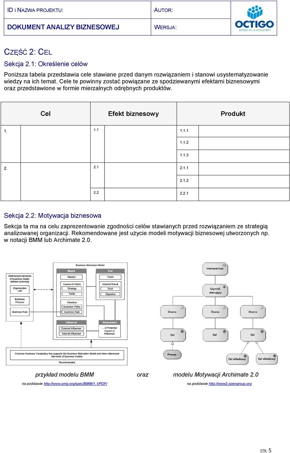 1.1 2.1.2 2.2 2.2.1 Sekcja 2.2: Motywacja biznesowa Sekcja ta ma na celu zaprezentowanie zgodności celów stawianych przed rozwiązaniem ze strategią analizowanej organizacji.