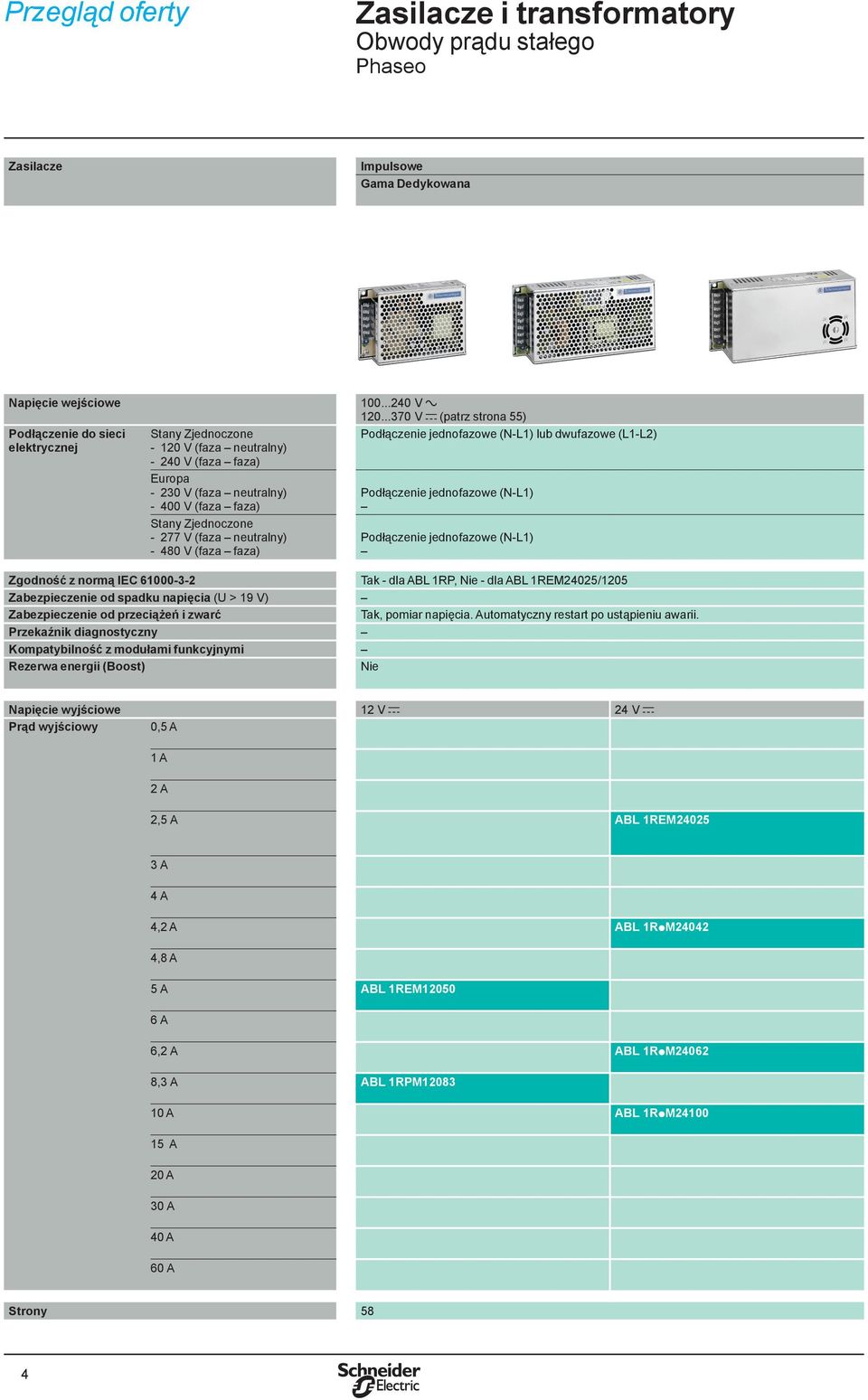 ..370 V c (patrz strona 55) Podłączenie jednofazowe (N-L1) lub dwufazowe (L1-L2) Podłączenie jednofazowe (N-L1) Podłączenie jednofazowe (N-L1) Zgodność z normą IEC 61000-3-2 Tak - dla ABL 1RP, Nie -