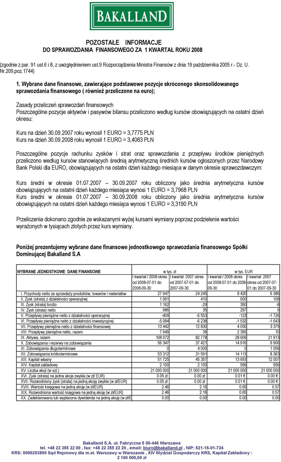 Wybrane dane finansowe, zawierające podstawowe pozycje skróconego skonsolidowanego sprawozdania finansowego ( również przeliczone na euro); Zasady przeliczeń sprawozdań finansowych Poszczególne