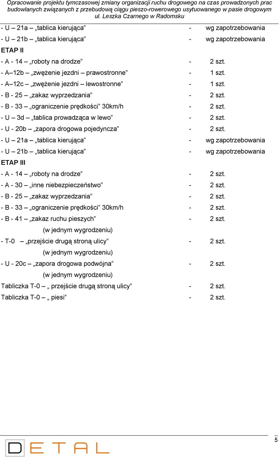 - A 12b zwężenie jezdni prawostronne - 1 szt. - A 12c zwężenie jezdni lewostronne - 1 szt. - B - 25 zakaz wyprzedzania - 2 szt. - B - 33 ograniczenie prędkości 30km/h - 2 szt.