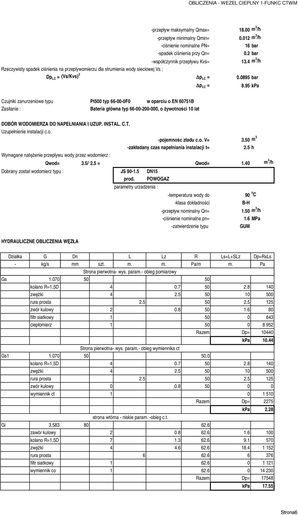 95 kpa Czujniki zanurzeniowe typu Pt500 typ 66-00-0F0 w oparciu o EN 60751B Zasilanie : Bateria główna typ 66-00-200-000, o żywotności 10 lat DOBÓR WODOMIERZA DO NAPEŁNIANIA I UZUP. INSTA