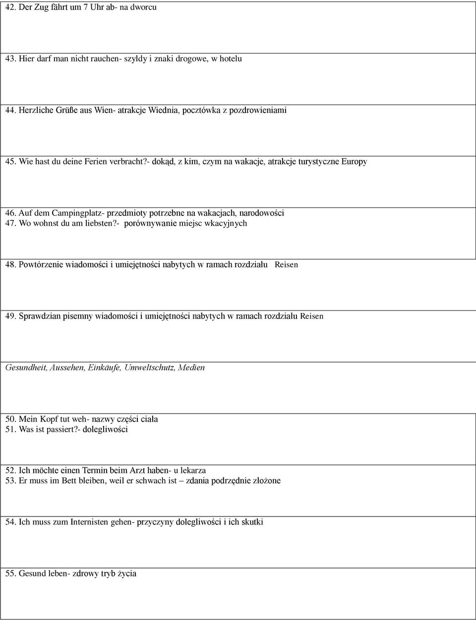 - porównywanie miejsc wkacyjnych 48. Powtórzenie wiadomości i umiejętności nabytych w ramach rozdziału Reisen 49.
