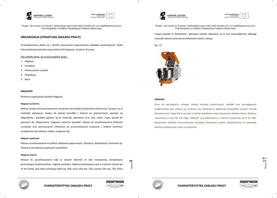 Obsługę mieszałki ułatwia samoczynne blokowanie wózka z dzieżą. Rys. 12 Oba zakłady dzielą się na poszczególne działy : 1. Magazyn 2. Produkcja 3. Pomieszczenie socjalne 4. Ekspedycja 5.