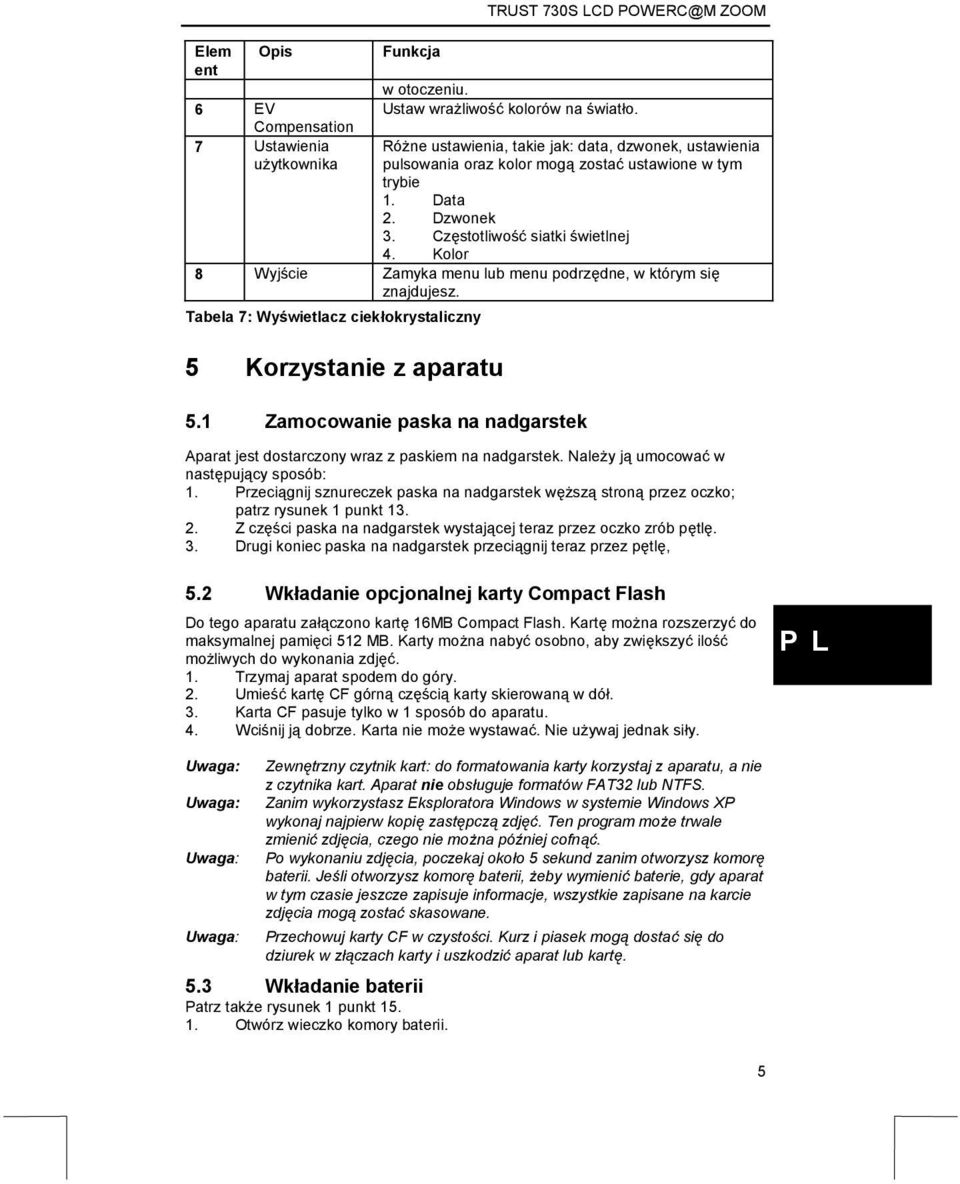 Kolor 8 Wyjście Zamyka menu lub menu podrzędne, w którym się znajdujesz. Tabela 7: Wyświetlacz ciekłokrystaliczny 5 Korzystanie z aparatu 5.