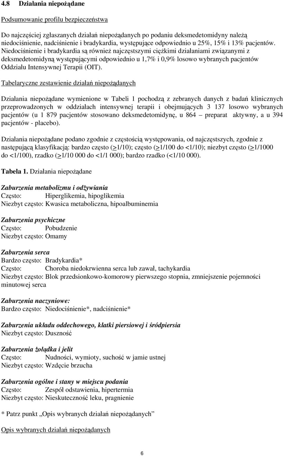 Niedociśnienie i bradykardia są również najczęstszymi ciężkimi działaniami związanymi z deksmedetomidyną występującymi odpowiednio u 1,7% i 0,9% losowo wybranych pacjentów Oddziału Intensywnej