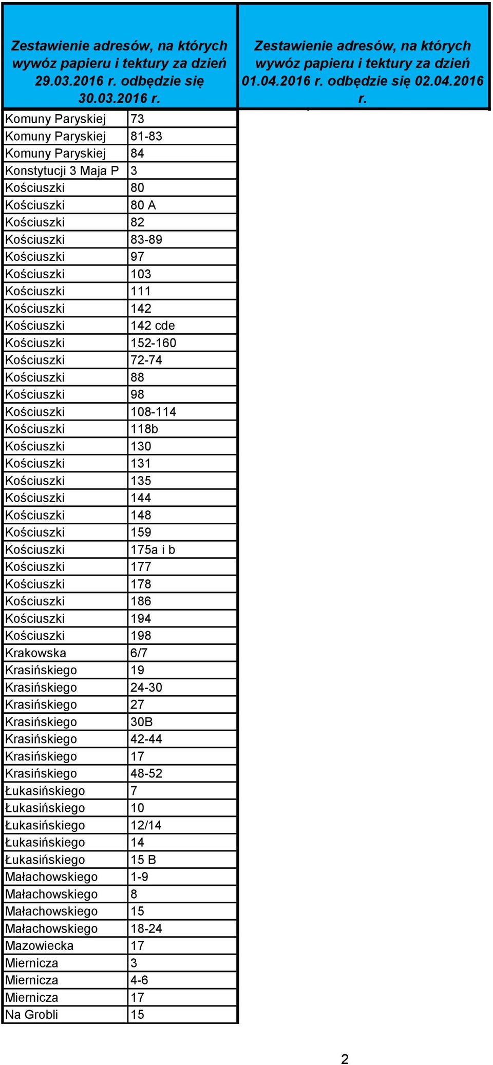 Komuny Paryskiej 73 Komuny Paryskiej 81-83 Komuny Paryskiej 84 Konstytucji 3 Maja P 3 Kościuszki 80 Kościuszki 80 A Kościuszki 82 Kościuszki 83-89 Kościuszki 97 Kościuszki 103 Kościuszki 111