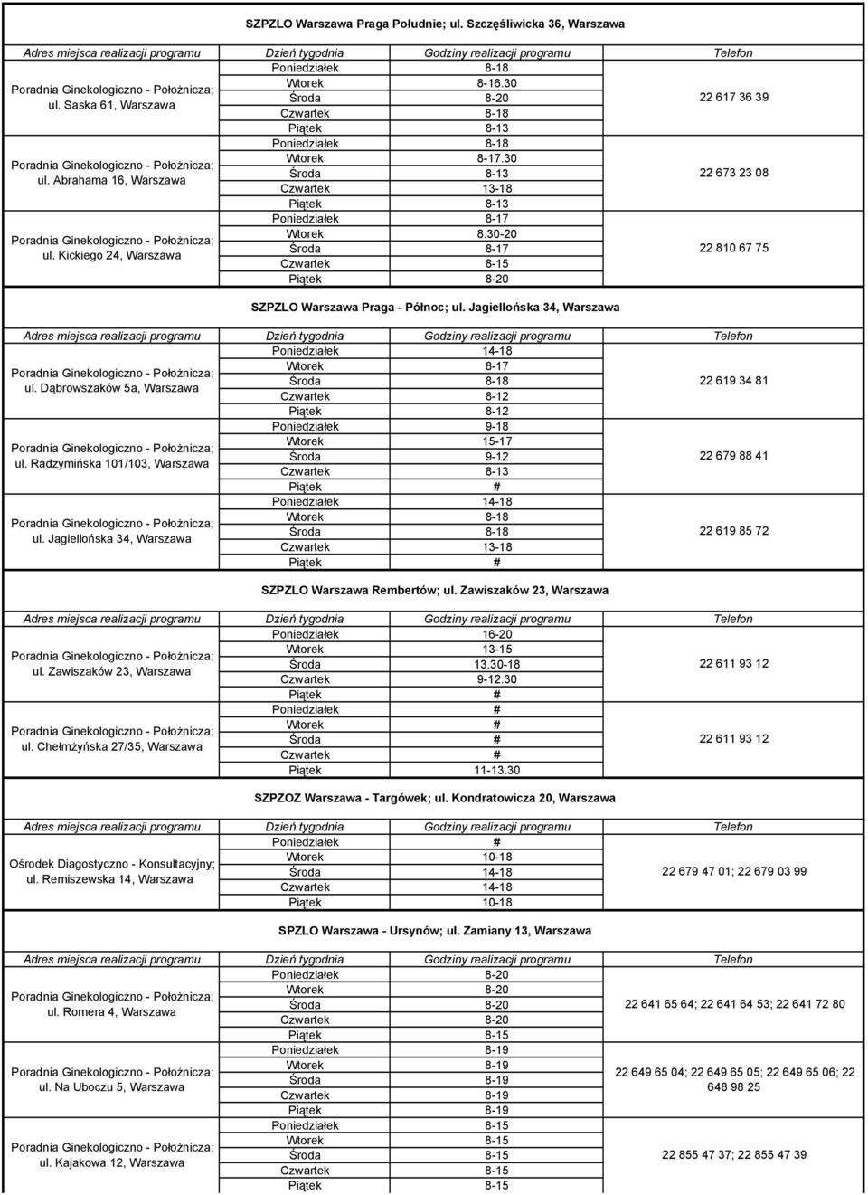 Szczęśliwicka 36, Wtorek 8-17 Czwartek 8-12 Piątek 8-12 Poniedziałek 9-18 Wtorek 15-17 Środa 9-12 Czwartek 8-13 Poniedziałek 14-18 Czwartek 13-18 Poniedziałek 16-20 ul. Zawiszaków 23, ul.